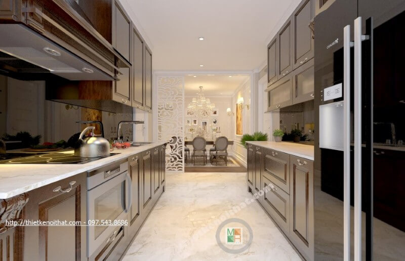 Đá ốp bếp nhân tạo màu trắng được coi như điểm nhấn ấn tượng cho không gian phòng bếp đá ốp bếp cao cấp