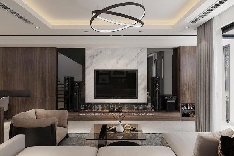 Đá trang trí phòng khách trắng vân mây đẹp sang trọng lựa chọn ấn tượng cho phòng khách hiện đại.