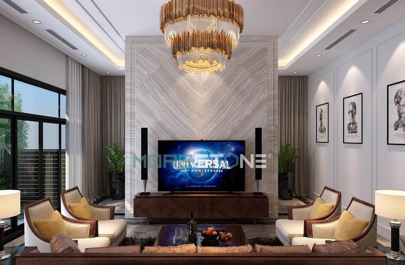 Thiết kế vách tivi bằng đá đối vân cao cấp mang đến điểm nhấn nổi bật, ấn tượng cho không gian phòng khách