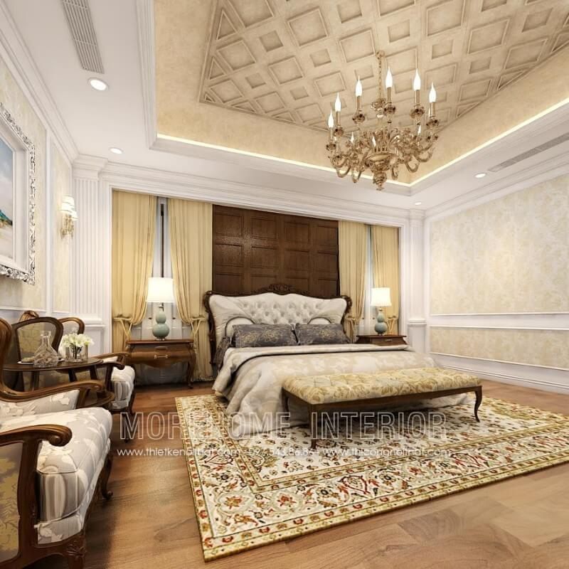 Để tạo nên một không gian phòng ngủ đặc biệt trong biệt thự, hãy sử dụng một giường gỗ óc chó kiểu dáng tân cổ điển sang trọng để làm nổi bật.